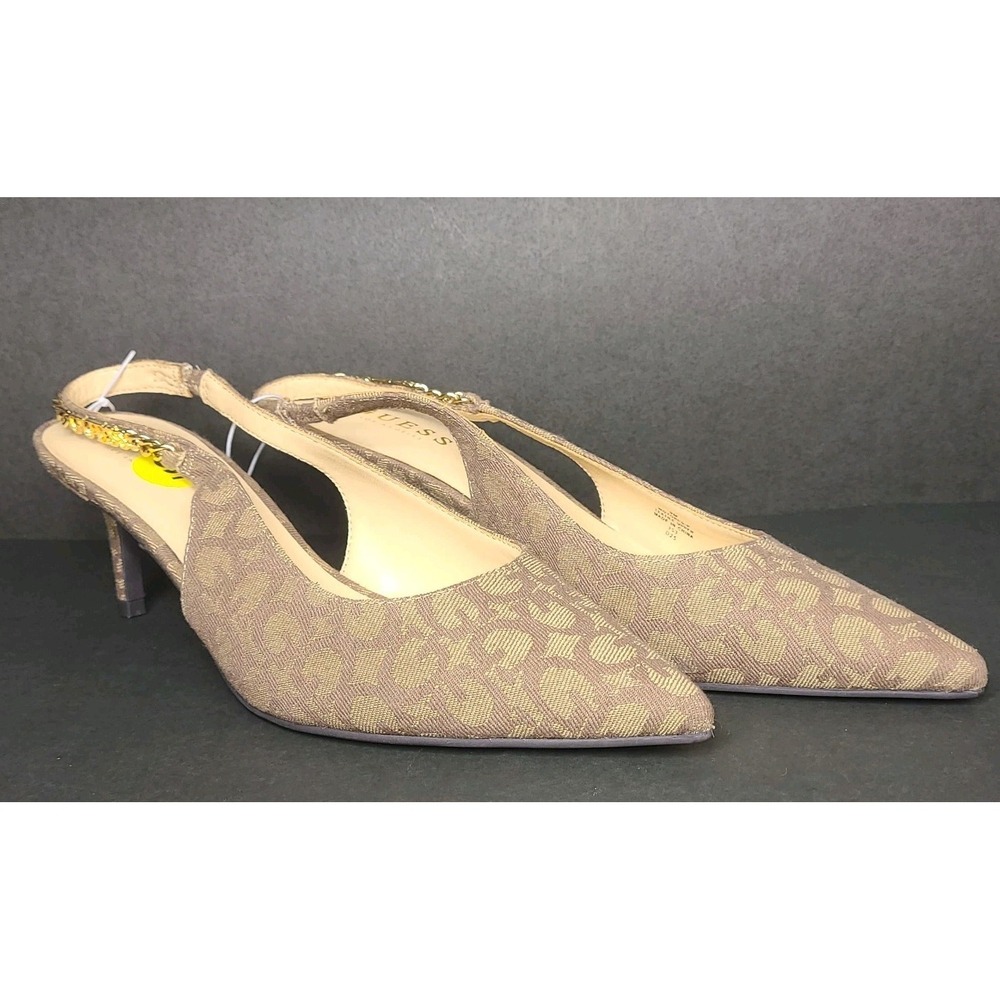 Guess Logo Slingback Heels Womens 9M Brown Pointed Toe Kitten Heel Pumps